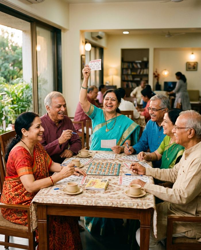 Friends playing housie with chai
