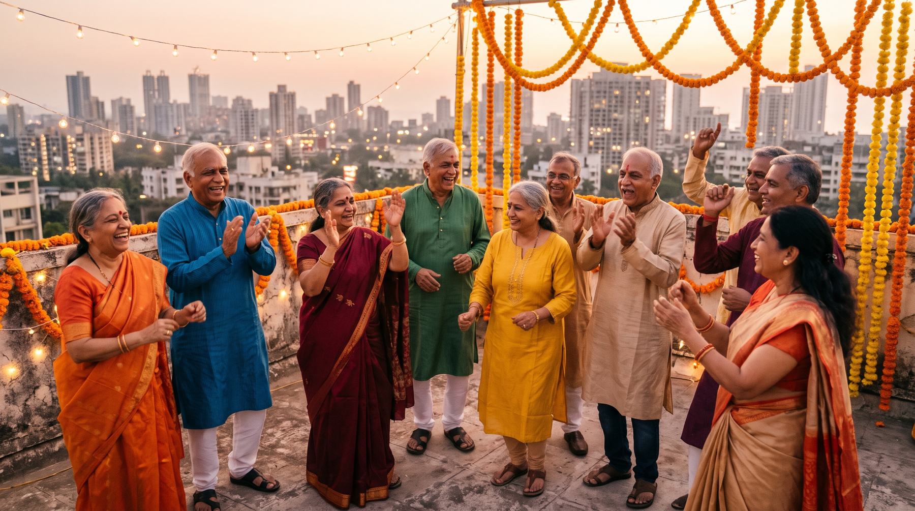 A group of friends dancing and laughing together at a rooftop party